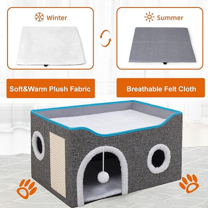 Cat Houses for Indoor Cats - Large Cat Bed Cave with Scratch Pad and Fluffy Ball, Foldable Cat Condo Hideaway with Reversible Cushion for Multi Small Pet, Light Grey