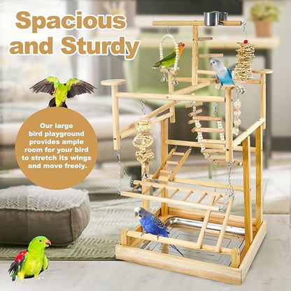 Bird Playground - Natural Wood Parrot Playstand with Perches, Bird Play Gym & Accessories, Removable Tray & 4 Stainless Steel Cups