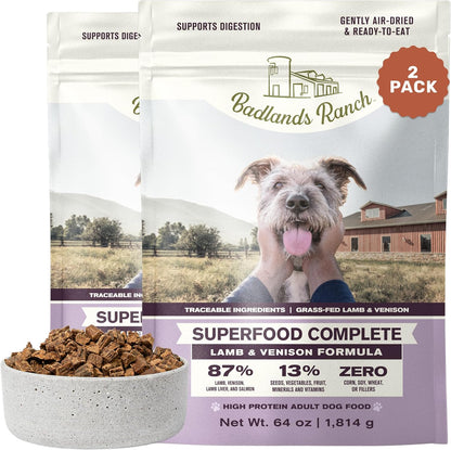 BADLANDS RANCH by Katherine Heigl- Superfood Complete, Air-Dried Adult Dog Food - High Protein, Zero Fillers, Superfood Nutrition (64 Ounce (Pack of 2), Lamb & Venison)