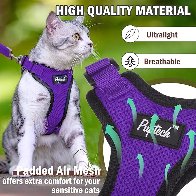 PUPTECK Cat Harness and Leash Set Escape Proof for Walking, Breathable Mash Vest Adjustable Harness for Cats Puppy Small Animals, Reflective at Night, Purple Medium