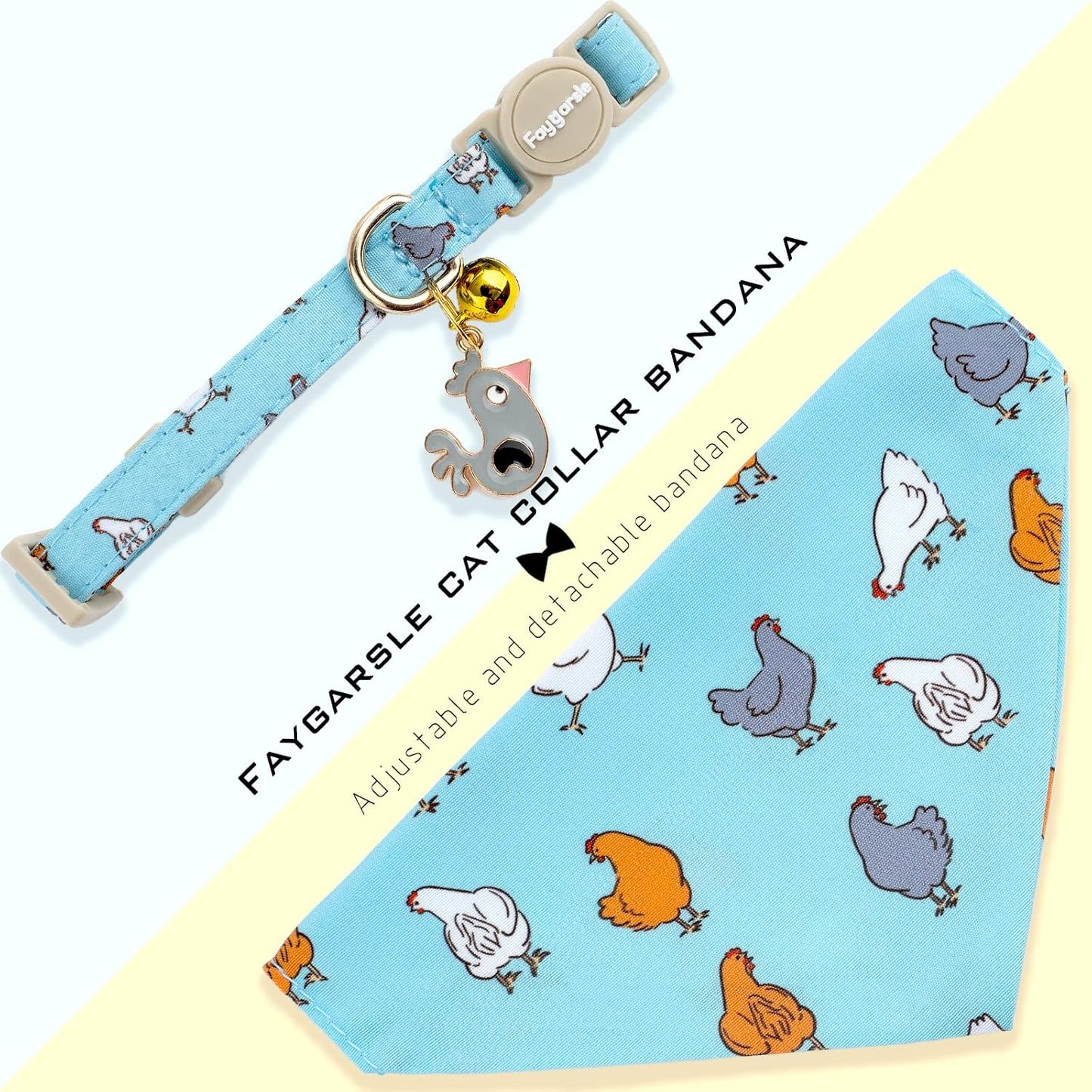 Faygarsle 2 Pack Chicken Pattern Cat Collar Set with Bandana and Bowtie, Light Blue, Breakaway Safety Clasp with Bell