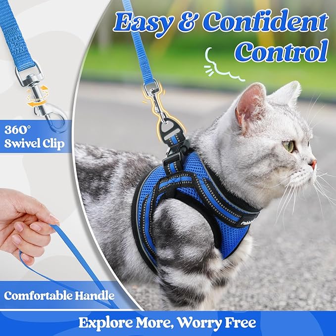 rabbitgoo Cat Harness and Leash Set for Walking Escape Proof, Adjustable Soft Kittens Vest with Reflective Strip for Cats, Comfortable Outdoor Vest, Blue, M