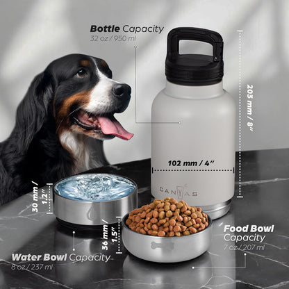 Insulated 32oz Stainless Steel Dog Water Bottle with Food & Water Bowls, Leak-Proof Pet Travel Dispenser for Dogs, Portable for Hiking, Walking, Outdoor