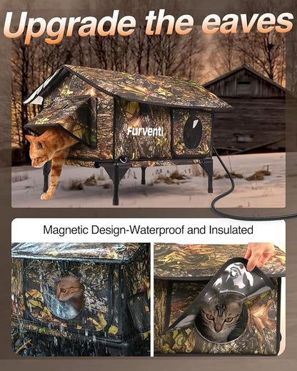 Heated Cat House for Outside,Extremely Weatherproof&Insulated in Winter,Elevated Outdoor Cat Shelter with Waterproof Eaves&Escape Door for Feral Stray Barn Cats(Leaves,L)