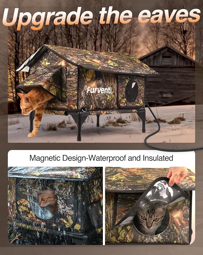 Heated Cat House for Outside,Extremely Weatherproof&Insulated in Winter,Elevated Outdoor Cat Shelter with Waterproof Eaves&Escape Door for Feral Stray Barn Cats(Leaves,S)