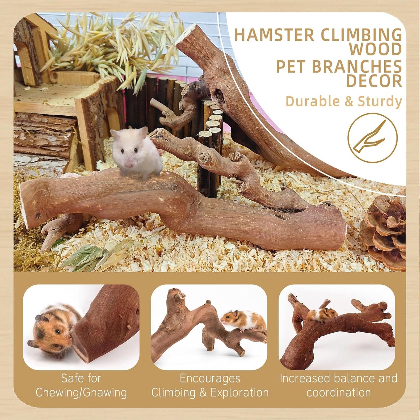 kathson 2PCS Wood Hamster Climbing Branches Decor, Natural Wooden Syrian Hamster Climb Chewing Toys, Rat Exercise Toys, Small Animal Habitat Decor Accessories for Dwarf Pets, Gerbils, Mice (7.8IN)