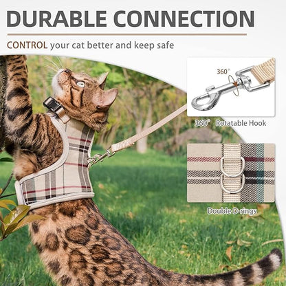 PUPTECK Soft Mesh Cat Vest Harness and Leash Set Puppy Padded Pet Harnesses Escape Proof for Cats Small Dogs Rabbits Bunny, Plaid Beige, L