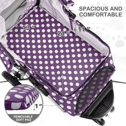 MoNiBloom 3 Wheels Pet Dog Cat Stroller for Small Medium Dogs Cats, Foldable Jogger Stroller w/Storage Basket and Cup Holder, Purple Polka Dots