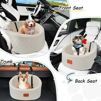 Dog Car Seat for Small Dogs Up to 30 Lbs,Ultra Soft Fabric Fill in Comfy Memory Foam,Happy Pet Ride,2 Safety Dog Leashes,Fully Detachable and Washable,Anti Slip Base(Beige)