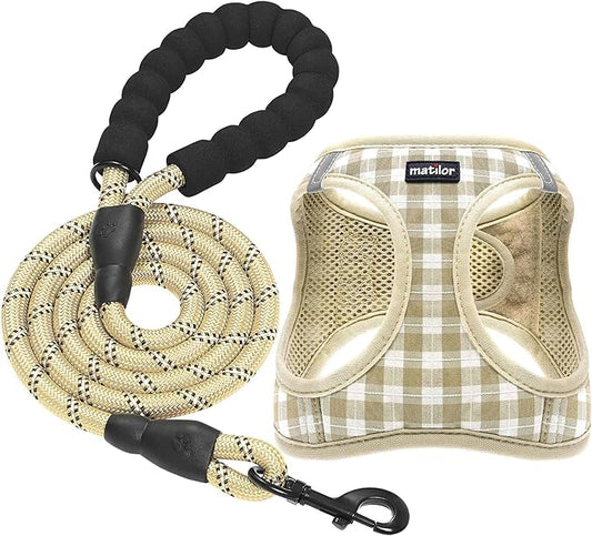 Dog Harness Step-in Breathable Puppy Cat Dog Vest Harnesses for Small Medium Dogs Beige Checkered