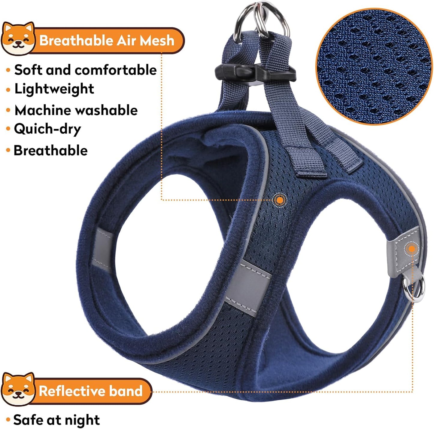 Dog Harness with Leash Set, No-Pull Step-in Reflective Pet Harness with 1 Leash Clips, Adjustable Soft Padded Easy Walk Dog Vest for Small Medium Large Dogs, Cats(Dark Blue, XLarge)