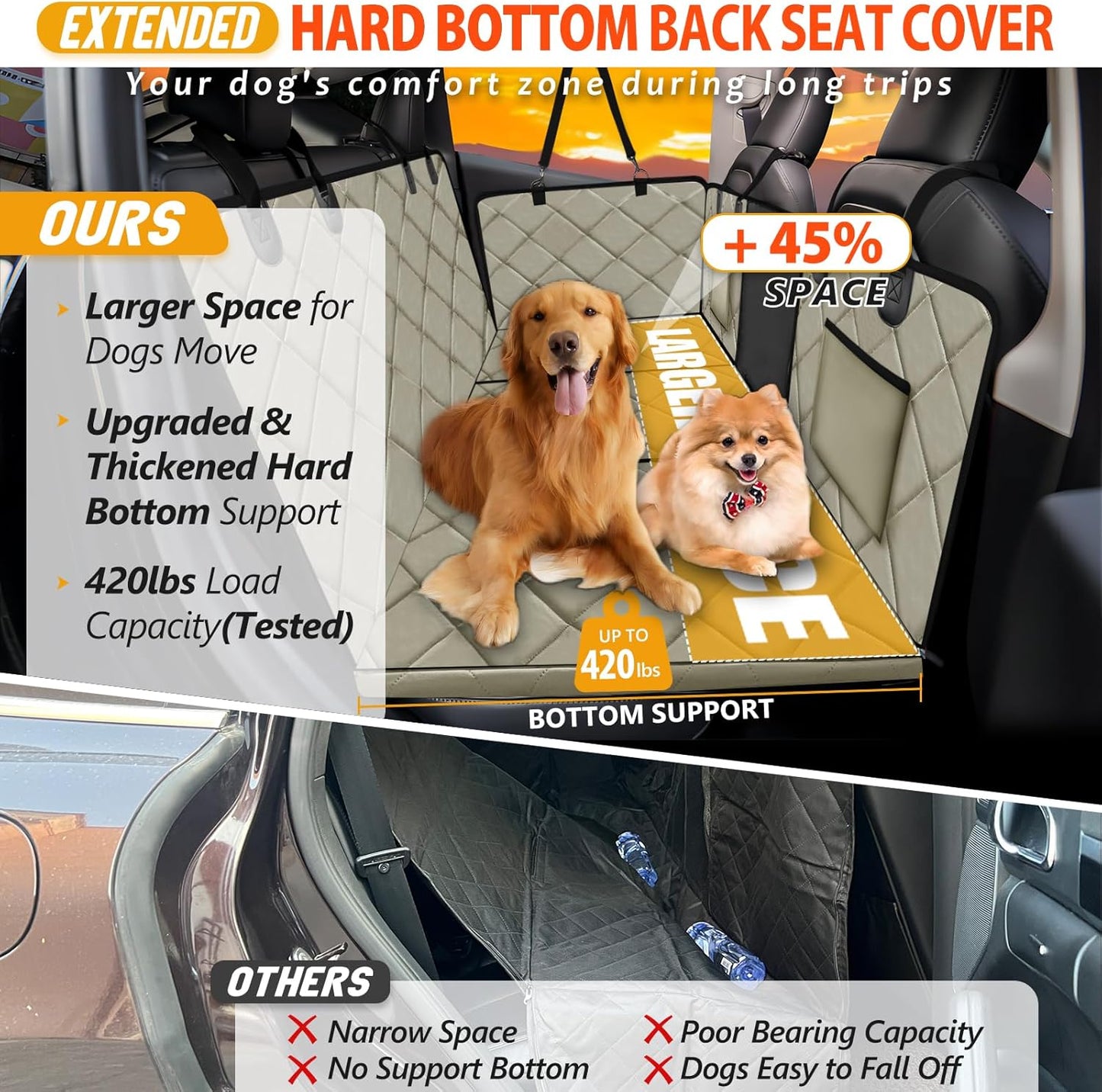 Back Seat Extender for Dogs-Large Space, Dog Car Seat Cover Hard Bottom Holds 420lbs, Sturdy Backseat Extender for Dogs, Upgraded Material,Waterproof Dog Hammock for Car SUV, Truck Khaki