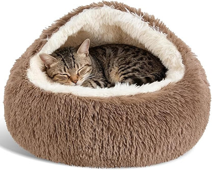 Calming Dog Beds & Cat Cave Bed with Hooded Cover,Removable Washable Round Beds for Small Medium Pets,Anti-Slip Faux Fur Fluffy Coved Bed for Improved Sleep,Fits up to 15/25 lbs(Khaki,S)