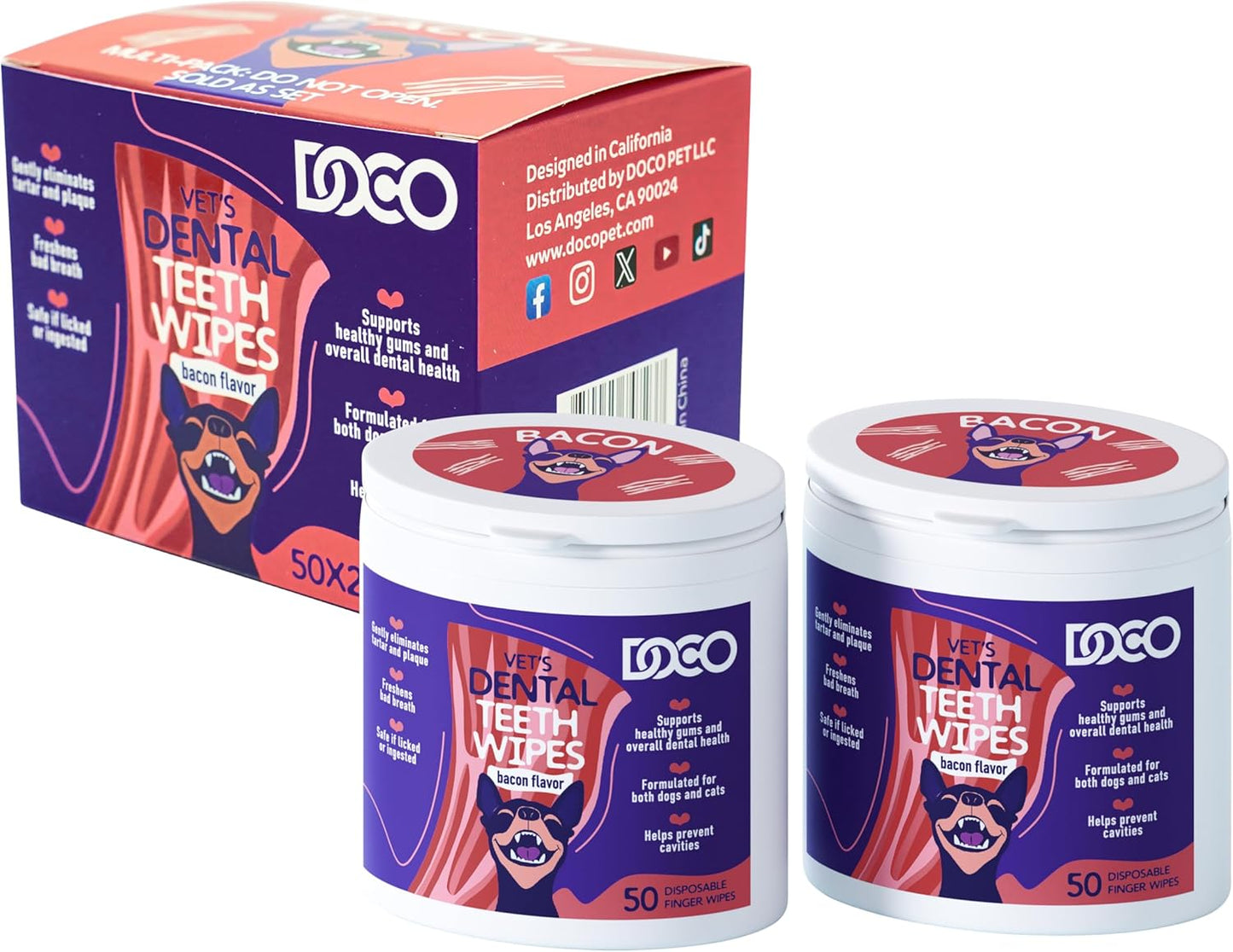 DOCO Dog Teeth Cleaning Wipes - Dog Tooth Brushing Kit, Remove Plaque & Tartar, Dental Freshen Breath, No Rinse, Easy Pet Tooth Cleaning Kit for Oral Care, Ideal for Cat Owners - Bacon Flavor, 100 ct.