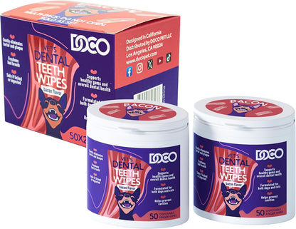 DOCO Dog Teeth Cleaning Wipes - Dog Tooth Brushing Kit, Remove Plaque & Tartar, Dental Freshen Breath, No Rinse, Easy Pet Tooth Cleaning Kit for Oral Care, Ideal for Cat Owners - Bacon Flavor, 100 ct.