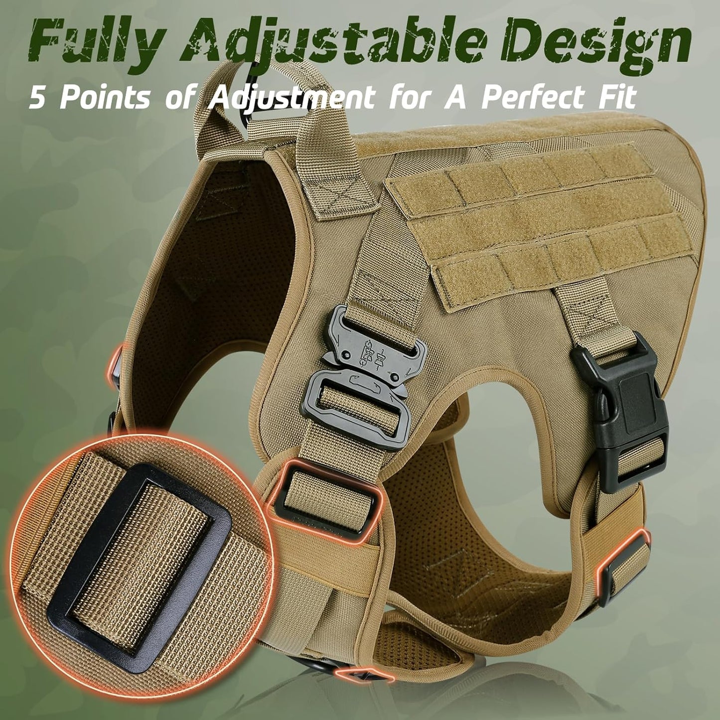 rabbitgoo Tactical Dog Harness for Large, Heavy Duty Pet Harness with Handle, No-Pull Service Vest Large Breed, Adjustable Military Dog Vest for Training Hunting Walking, Brown, L