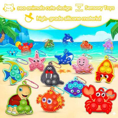 Party Favors for Kids 16PCS Sea Animal Sensory Toys, Mini Pop Fidget Toys Keychain for Kids, Goodie Bag Stuffers, Carnival Birthday Gifts, Classroom Prizes