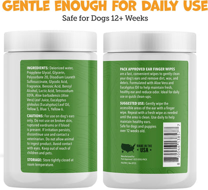 Finger Ear Wipes for Dogs with Aloe Vera and Eucalyptus - Convenient, Extra-Coverage, and Large Design Dog Ear Cleaning Wipes - Removes Wax and Freshens Ears - 50 Wipes