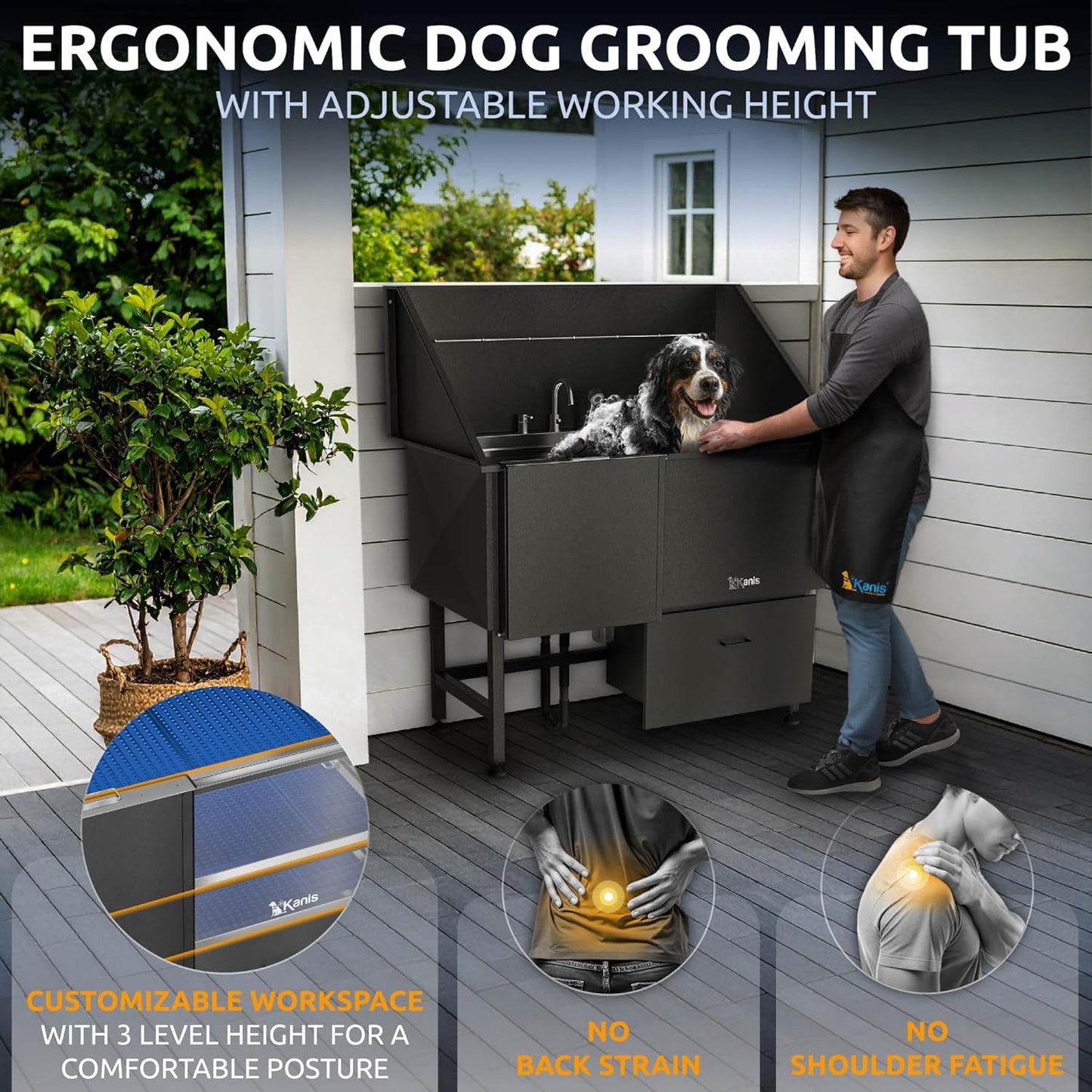 KANIS Black Line Professional Dog Washing Station - 304 Stainless Steel Pet Wash Sink & Grooming Bathtub w/Shower, Floor Grates and Storage for Large, Medium & Small Pets (50", 1 Drawer - Left Ramp)