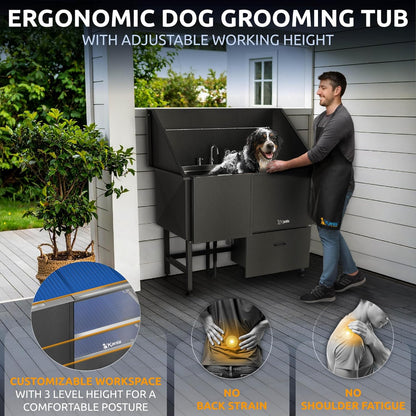 KANIS Black Line Professional Dog Washing Station - 304 Stainless Steel Pet Wash Sink & Grooming Bathtub w/Shower, Floor Grates and Storage for Large, Medium & Small Pets (50", 1 Drawer - Left Ramp)