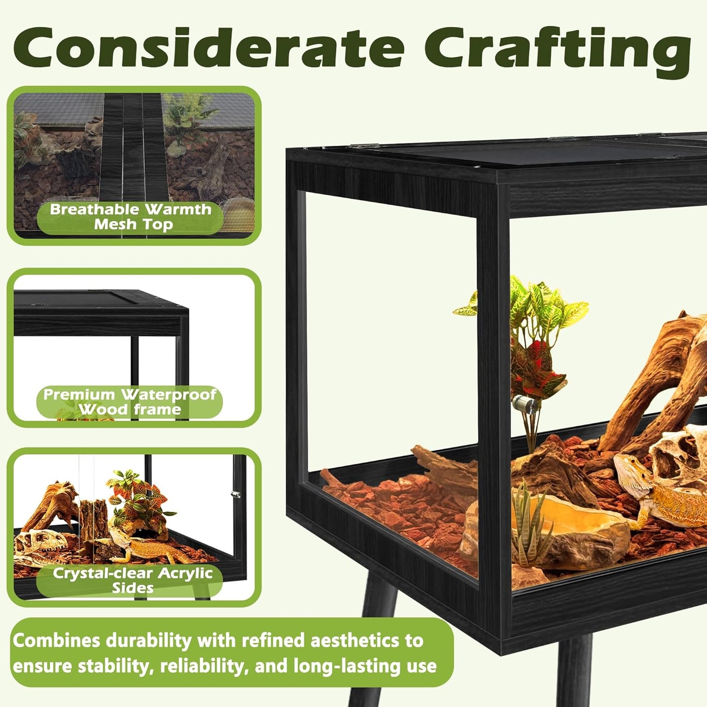 Prolee Bearded Dragon Tank with Leg Stand,Wooden Lizard Tank,Reptile Tank with Metal Mesh Roof Door, Acrylic Panel Snake Tank with Lock Design (Black, 32"x16"x16")
