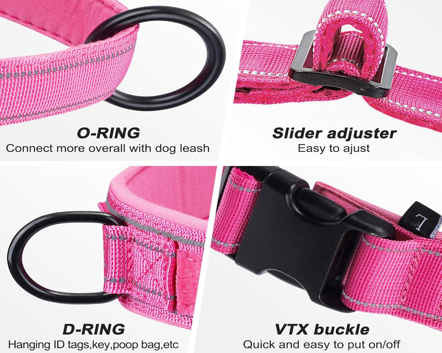 No Pull Dog Harness Pink for Small Medium Large Sized Dog, Reflective Escape Proof Adjustable Dog Harnesses with 2 Patch, XL