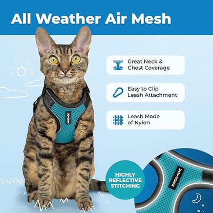Voyager Escape Proof Cat Harness and Leash Set with Reflective Stitching, Neoprene Handle 5ft - Supports Small, Medium and Large Cats, Kittens for Walking by Best Pet Supplies - BT-Turquoise, XS