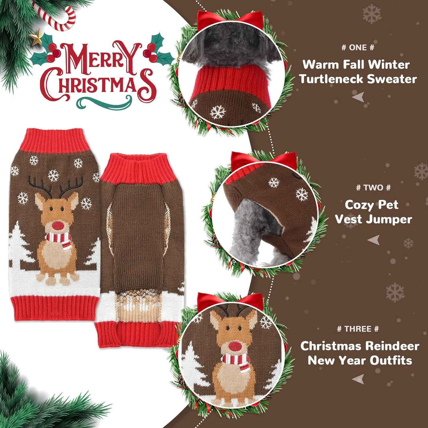 PETCARE Brown Reindeer Dog Sweater Christmas Vest Ugly Snow Xmas Puppy Costume Pet Holiday Warm Fall Winter Clothes for Small Medium Large Dogs Cats Pullover Sweaters Outfits