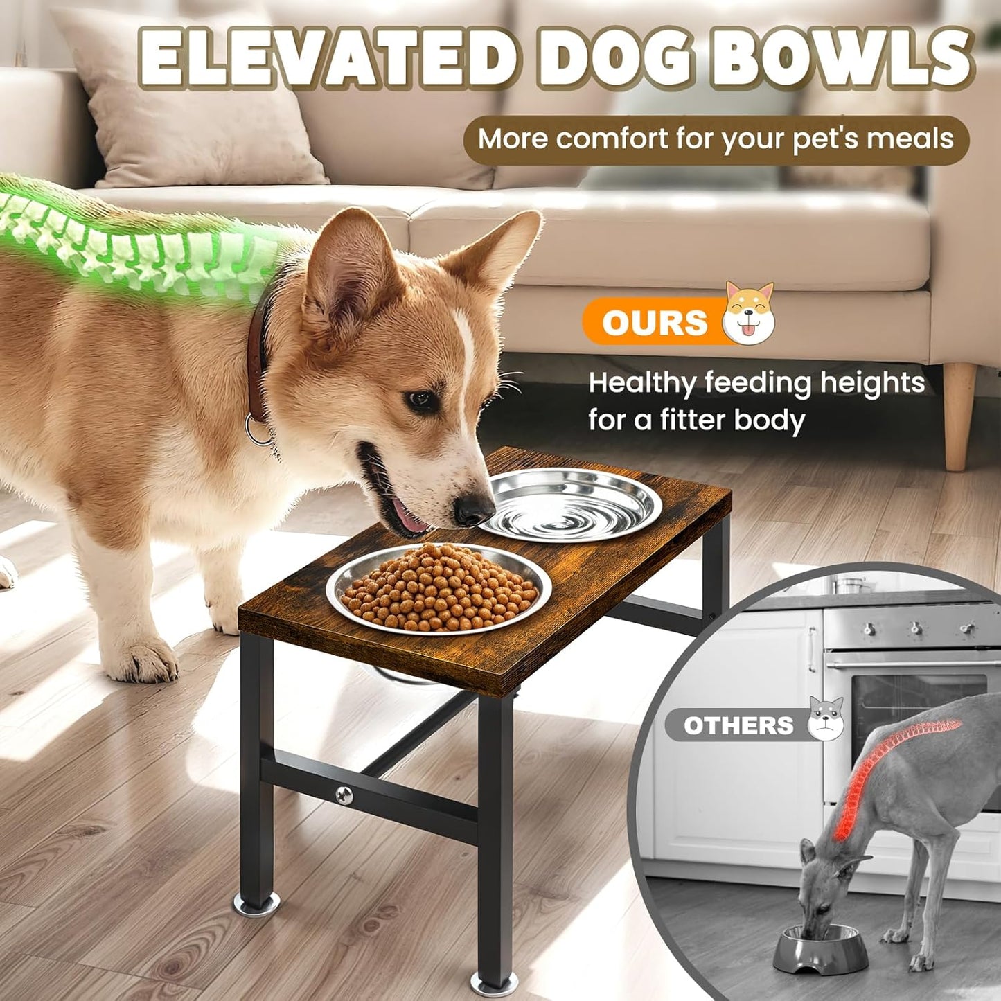 Elevated Dog Bowls, 3 Height Adjustable Raised Dog Water Food Bowl Wooden Metal Stand, 42OZ-Stainless Steel Bowls for Medium Small Dogs