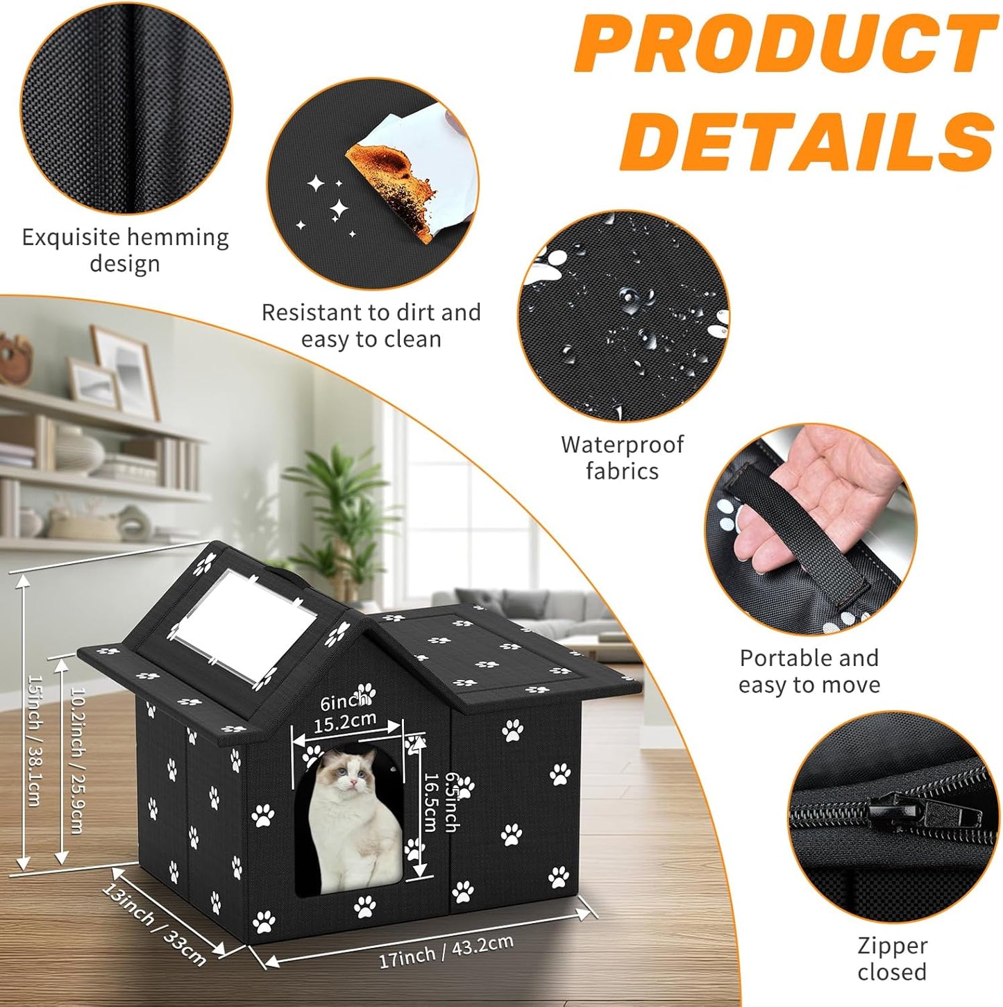 Outdoor Cat House Weatherproof, Large Feral Cat House for Winter, Collapsible Outdoor Cats Shelter in Winter with Door and Soft Mat, Easy to Assemble (Black)