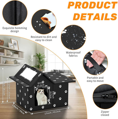 Outdoor Cat House Weatherproof, Large Feral Cat House for Winter, Collapsible Outdoor Cats Shelter in Winter with Door and Soft Mat, Easy to Assemble (Black)