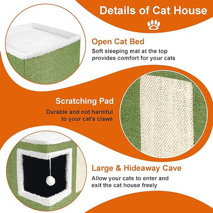 Cat Houses for Indoor Cats - Large Cat Bed Cave with Scratch Pad and Fluffy Ball, Foldable Cat Condo Hideaway with Reversible Cushion for Multi Small Pet, Green