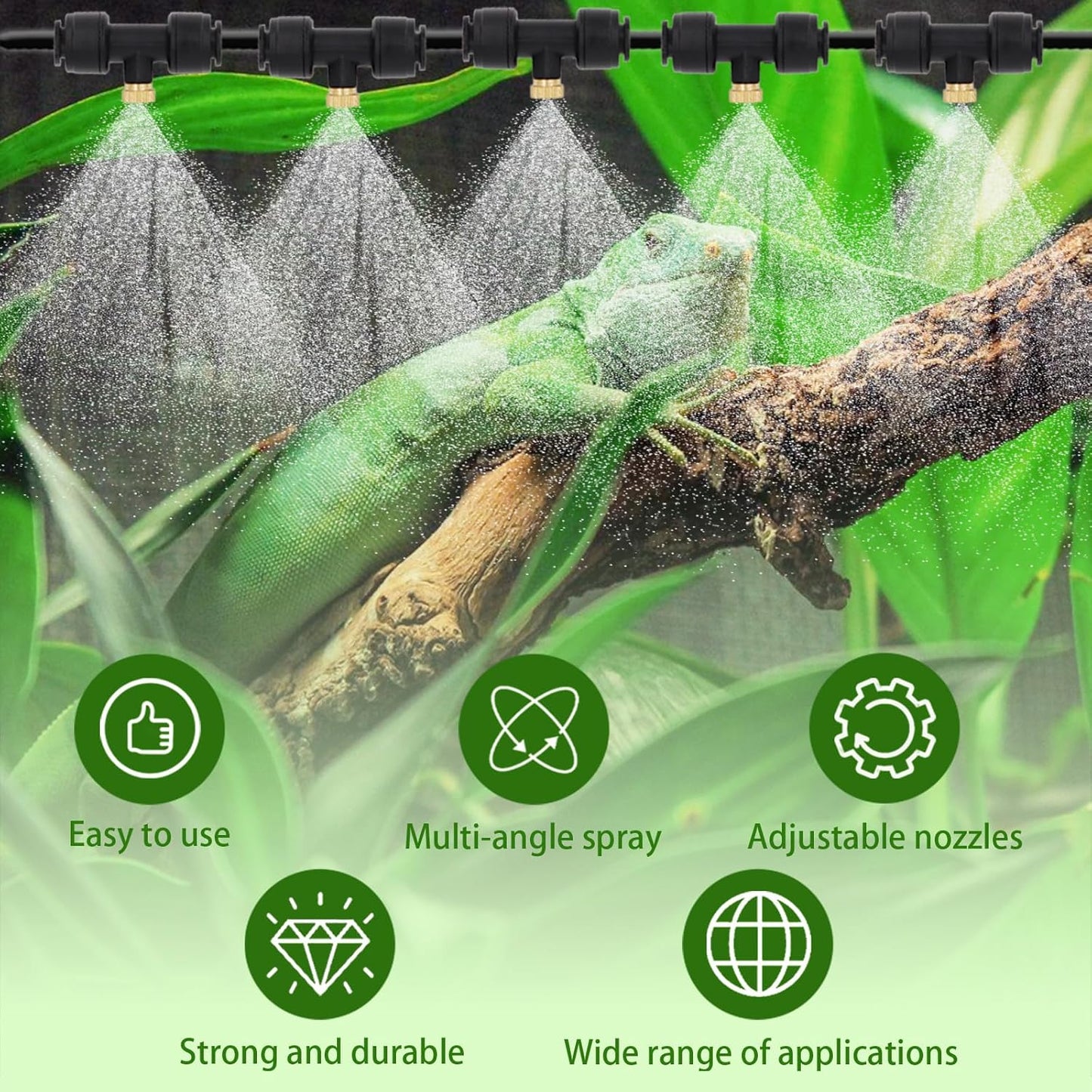 Reptile Terrariums Misting Accessories kit, Reptile Mister Nozzles, with 10 Misting Nozzle, 5 Brass Plugs, 3 Plugs, 1 Misting System Filter, 16ft 1/4 inch Tube, Black