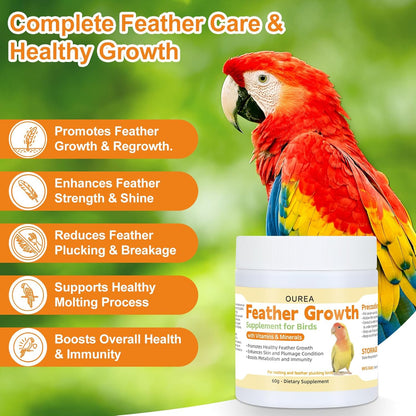 Feather Growth Supplement for Birds Parrots, Multi-Vitamins & Minerals Powder with Biotin Amino Acid for Molting Plucking, Support Healthy Feather Regrowth Plumage Shine Immunity for All-Natural Bird