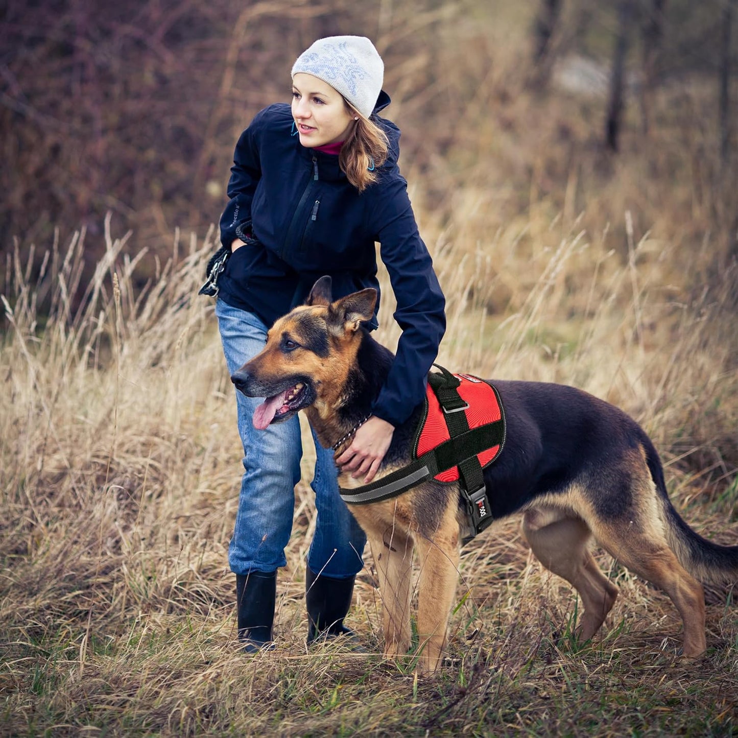 Dogline Dog Harness, Reflective No-Pull Adjustable Vest with Handle for Walking, Training, Service Breathable No - Choke Harness for Small, Medium or Large Dogs Room for Patches Girth 33"-46" in Red