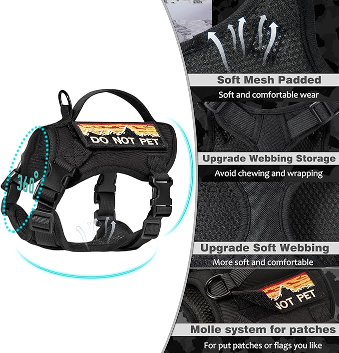 Tactical Cat Harness and Leash Set for Walking, Adjustable Escape Proof Pet Vest for Large Cat,Easy Control Breathable Cat Vest with Handle，Molle Patches (Black, L)