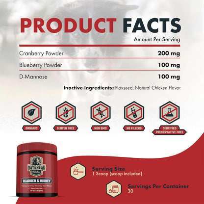 Bladder and Kidney Relief for Dogs & Cats by Daybreak Nutrition | Powder Cranberry Supplement for Dogs and Cat for UTI Treatment & Urinary Support | Dog & Cat Urinary Tract Infection Remedy Supplement