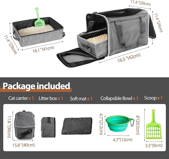 HiCaptain Cat Travel Carrier Bag with Litter Box, Portable Soft Cat Carrier Bag Lightweight Leak-Proof Collapsible Litter Box for Cats, Fits for Kitten up to 15 lb to Travel, Camping, Hiking, or Hotel