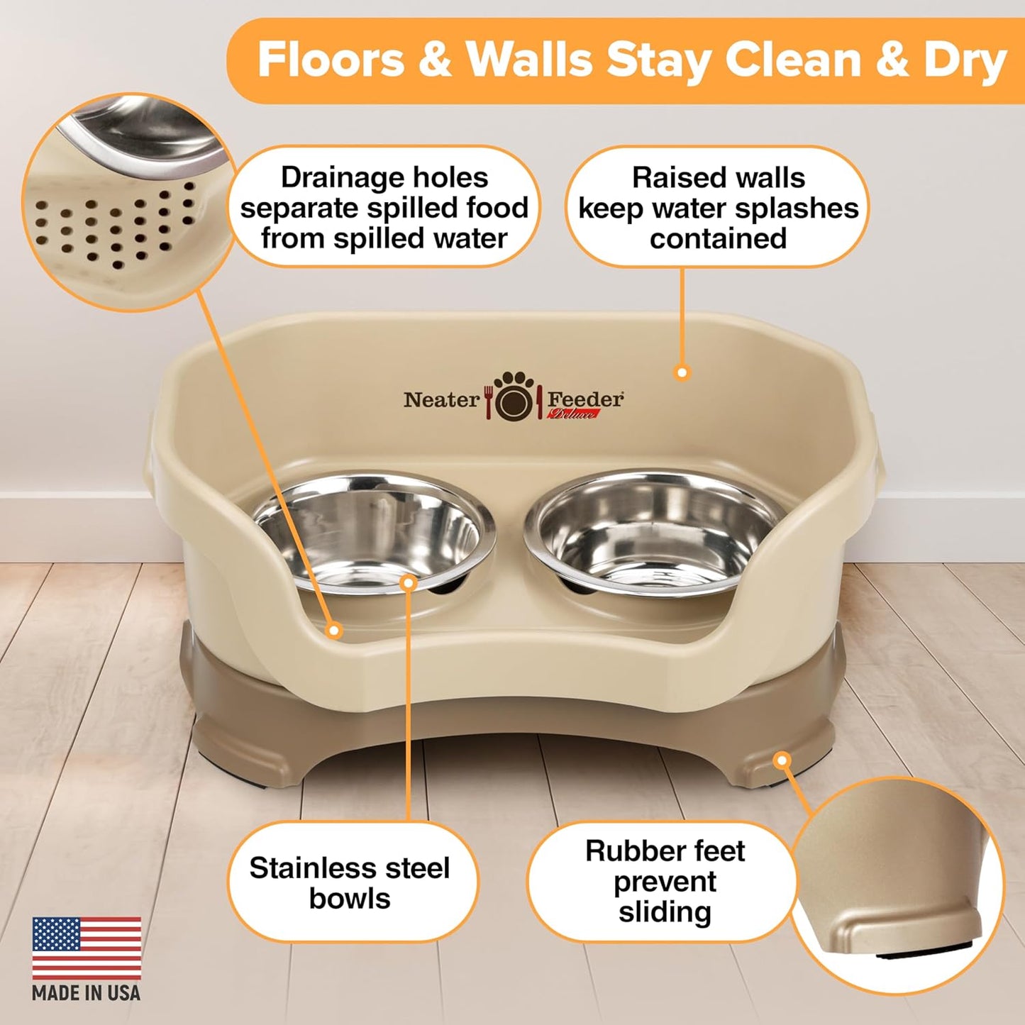 Neater Feeder Deluxe Mess Proof Cat Bowls Elevated for All Breeds – Made in USA – No Spill Raised Bowls for Indoor Cats – Stainless Steel Food and Water Bowl Set, Pet Dish Feeding Station, Cappuccino