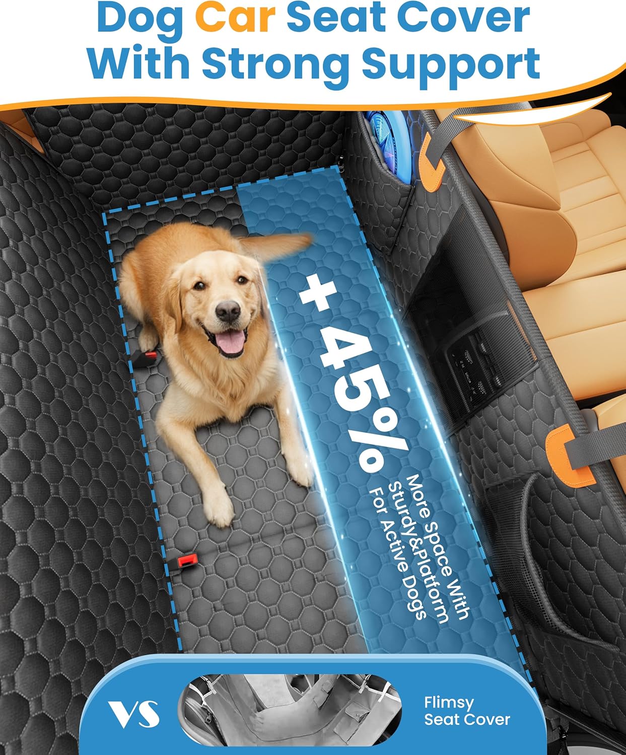 Dog Car Seat Cover for Back Seat, Hard Bottom Back Seat Extender for Dogs, Waterproof Dog Hammock for Truck Support to 400lbs, Car Seat Protector for Cars, Trucks, SUV, Jeep