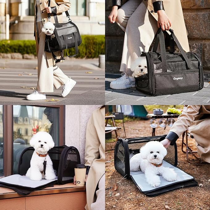 BurgeonNest Soft-Sided Dog Carrier Airplane Approved for Small Dogs Side-Expandable Pet Cat Carrier，Lightweight Puppy Purse 0-15 lbs, 17.7x11x11 Inchs Up to 16lbs, Black