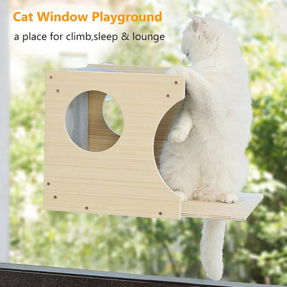 Window Cat Perch Shelves for Inside, Sturdy Wood Climbing Seat Mounted with Heavy Duty Suction Cups, Corner Window Bed for Overlooking and Sleeping(Right)