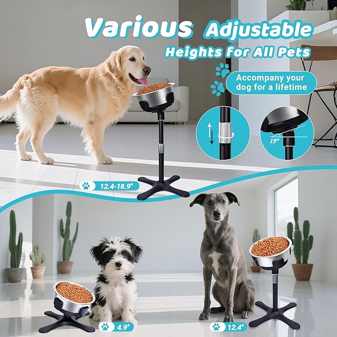 Elevated Dog Bowl (Not Bowl Included), Adjustable Stand Heights & Width, Non-Slip Foot Mats, Tilting Raised Dog Bowls with Metal Knob for Small, Medium & Large Dogs Breed (1 Pack), Black