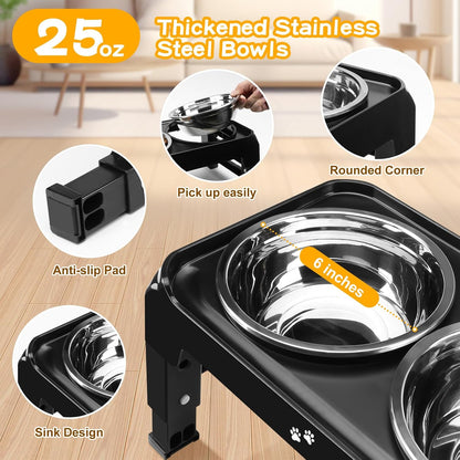 COMESOON Elevated Dog Bowls for Small Medium Dogs, 3 Height Adjustable Raised Stand with 2 Thick 6" Stainless Steel Food Bowls, Non-Slip Feeder Adjusts to 2.75", 6", 7.5", Black
