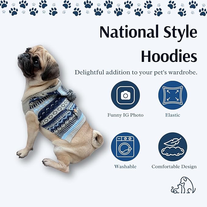Cute Sweater for Dogs and Cats Soft Flannel Pet Outfit Warm and Cozy Animal Hoodie Small to Large Pet Clothes for Halloween Parties and Everyday Wear (X-Small, Blue Patten with Hat)