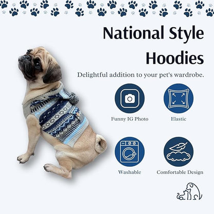 Cute Sweater for Dogs and Cats Soft Flannel Pet Outfit Warm and Cozy Animal Hoodie Small to Large Pet Clothes for Halloween Parties and Everyday Wear (Medium, Blue Patten with Hat)