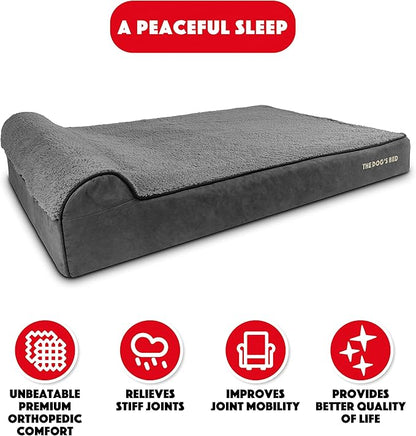 The Dog’s Bed Orthopedic Headrest Dog Bed XXL Grey Plush, Memory Foam, Pain Relief for Arthritis, Hip & Elbow Dysplasia, Post Surgery, Lameness, Waterproof Washable Cover