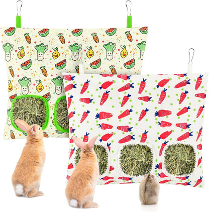 UPINS 2 Hay Bag for Rabbits 3-Hole Hanging Hay Feeder Guinea Pig Hay Bags, Hay Feeder for Rabbits Chinchillas Hamsters Small Pets and Animals