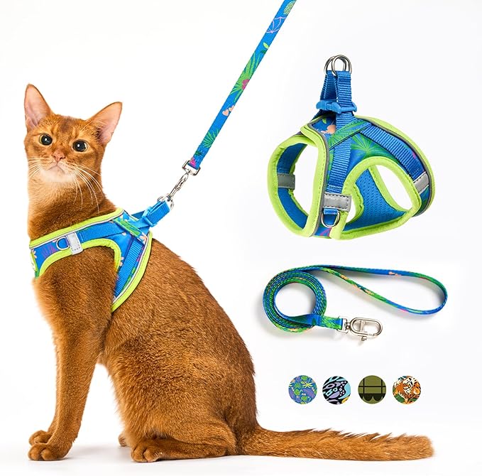 Cat Harness and Leash Set, Step-in Escape Proof Adjustable Vest Harness for Small Medium Large Cats, Lightweight Soft Breathable Reflective Kitten Harness for Walking Travel, Camping(Hawaii Green, S)