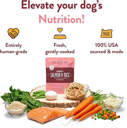Portland Pet Food Company Wally’s Salmon N’ Rice Fresh Dog Food Pouches Human-Grade, Gluten-Free Wet Pet Meal Toppers Mix-Ins & Meals - Large & Small Breed, Puppy to Senior - Made in the USA - 8 Pack